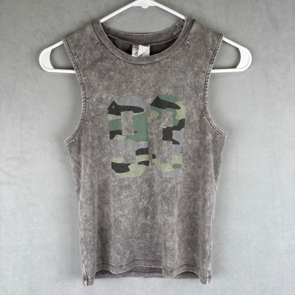 Love Tribe Acid Wash Camo 93 Gray Muscle Tee Tank Top Studded Cotton Girls Sz M